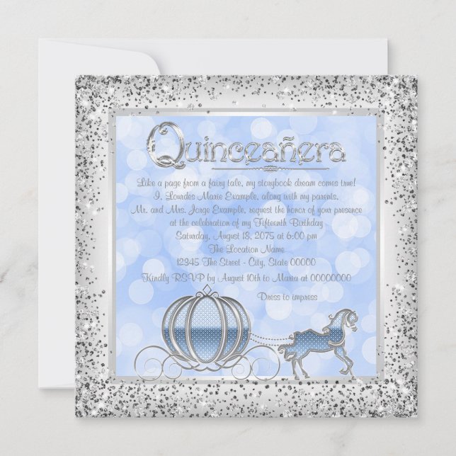 Blue Silver Aschenputella Princess Quinceanera Einladung (Vorderseite)