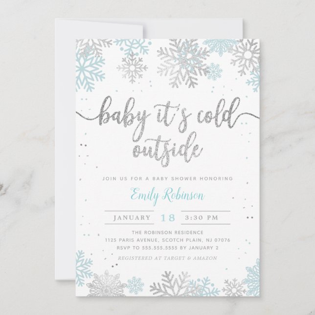 Blue Silver Baby It's Cold Outside Boy Baby Shower Einladung (Vorderseite)