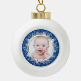 Blue Silver Baby's First Christmas (Xmas) Foto Keramik Kugel-Ornament