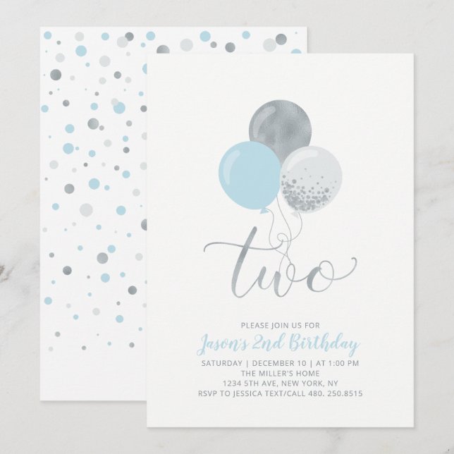 Blue & Silver Balloons | 2. Junge Geburtstag Einladung (Vorne/Hinten)