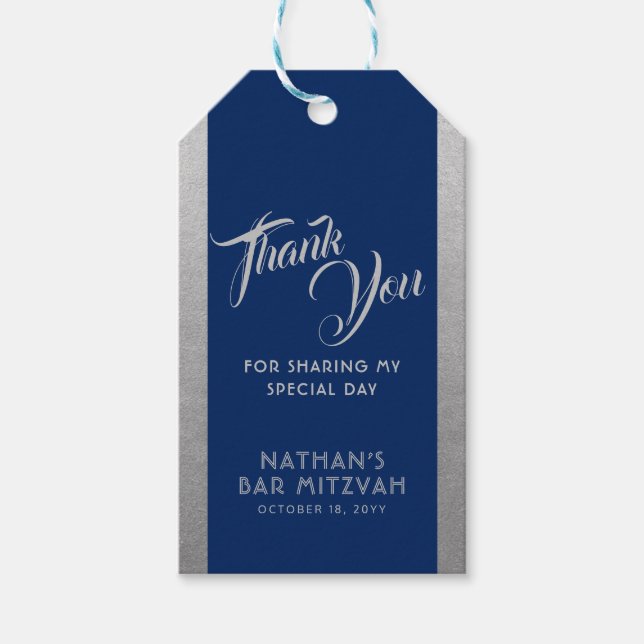 Blue Silver Bar Mitzvah Gefallen Vielen Dank Geschenkanhänger (Vorderseite)