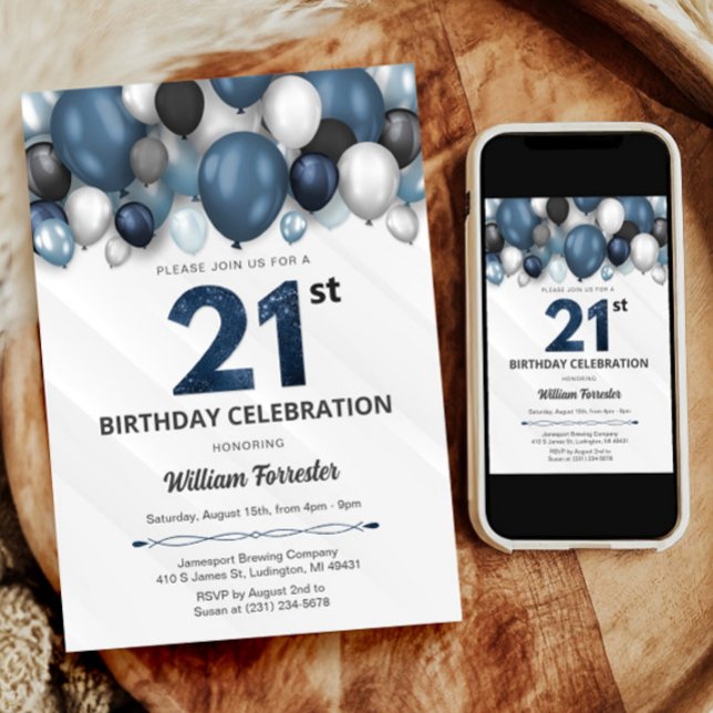 Blue Silver Black & White 21. Geburtstag Einladung (Blue Silver Black & White 21st Birthday Invitation)