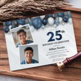 Blue Silver Black & White 25. Geburtstag 2 Foto Einladung