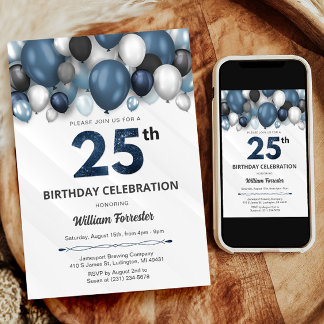 Blue Silver Black & White 25. Geburtstag Einladung