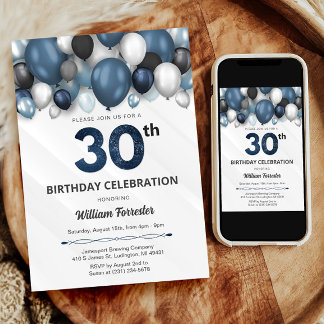 Blue Silver Black & White 30. Geburtstag Einladung