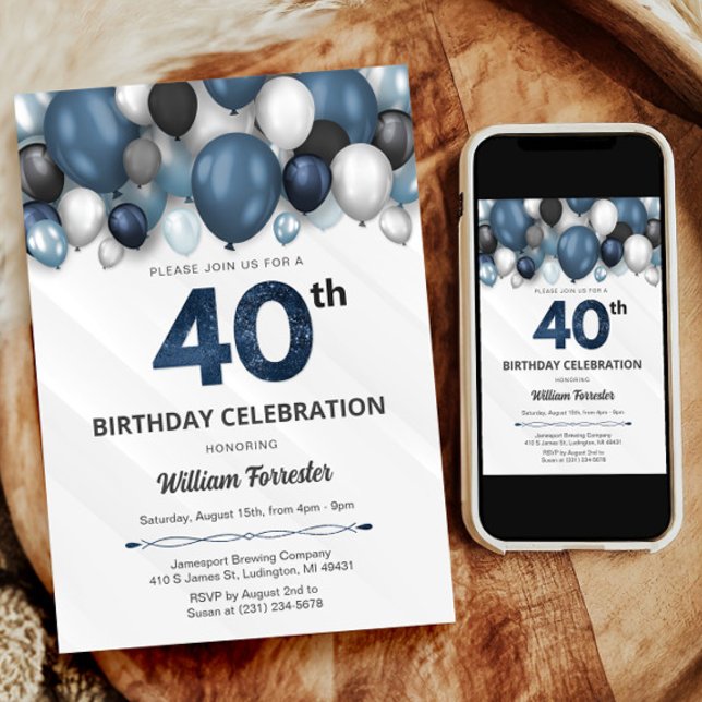 Blue Silver Black & White 40. Geburtstag Einladung (Blue Silver Black & White 40th Birthday Invitation)