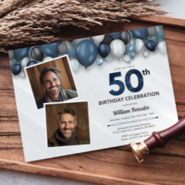 Blue Silver Black & White 50. Geburtstag 2 Foto Einladung