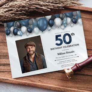 Blue Silver Black & White 50. Geburtstag Foto Einladung