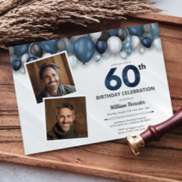 Blue Silver Black & White 60. Geburtstag 2 Foto Einladung