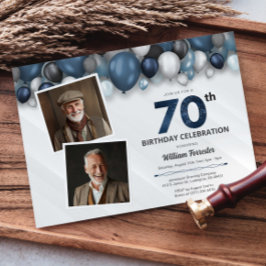 Blue Silver Black & White 70. Geburtstag 2 Foto Einladung