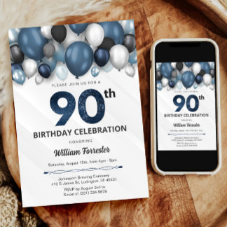 Blue Silver Black & White 90. Geburtstag Einladung