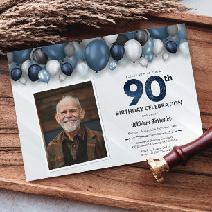 Blue Silver Black & White 90. Geburtstag Foto Einladung
