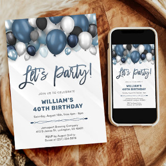Blue Silver Black & White zum Geburtstag Einladung