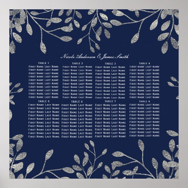 Blue Silver Botanical Floral Blätter Seating Chart Poster (Vorne)