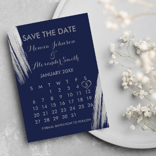 Blue Silver Brushstrokes Calendar Wedding Save The Date
