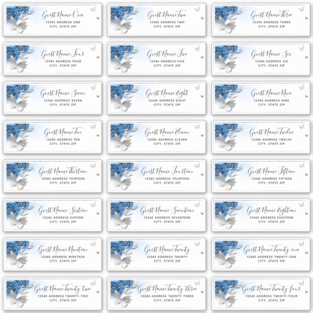 Blue Silver Butterfly 24 Wedding Guest Address Aufkleber (Vorderseite)