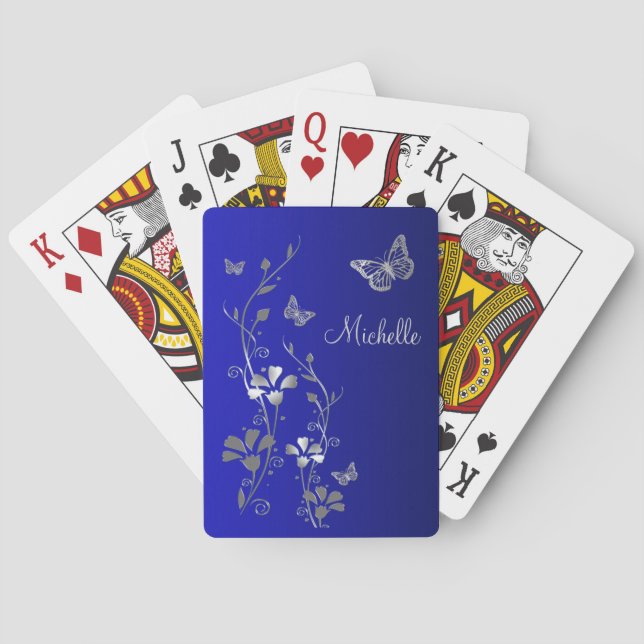 Blue Silver Butterfly Playing Cards Spielkarten (Rückseite)