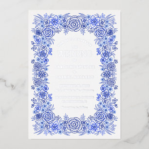 Blue Silver Chinoiserie Floral French Wedding Folieneinladung