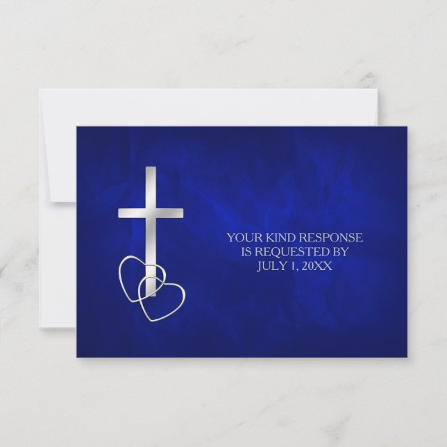 Blue Silver Christlich Cross Wedding RSVP Karte (Vorderseite)