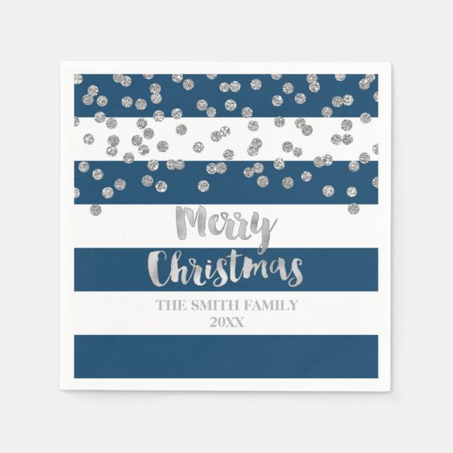 Blue Silver Confetti Frohe Weihnachten Napkin Serviette (Vorderseite)