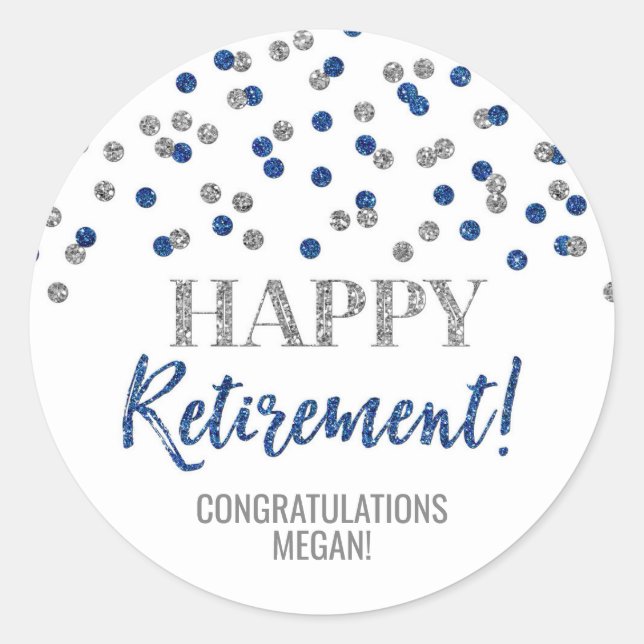 Blue Silver Confetti Happy Retirement Runder Aufkleber (Vorderseite)