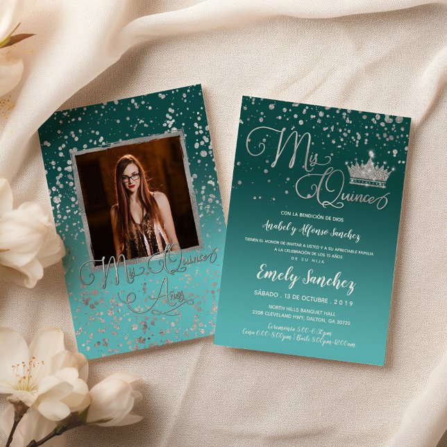 Blue Silver Confetti Mis Quince Anos Spanisches Fo Einladung (Von Creator hochgeladen)