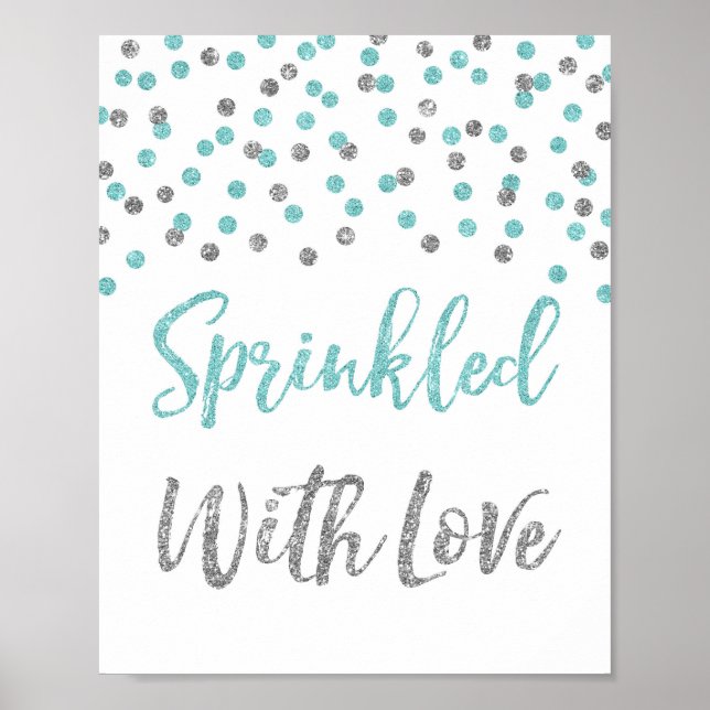 Blue Silver Confetti Sprinkler mit Liebe Sign Poster (Vorne)