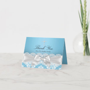 Blue Silver Damask & Bow Taufe Danke Karte