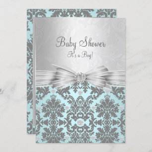 Blue & Silver Damask Kinderdusche Einladung