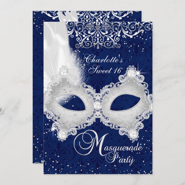 Blue Silver Damask Masquerade Sweet 16 Einladung (Vorne/Hinten)