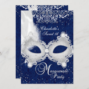 Blue Silver Damask Masquerade Sweet 16 Einladung