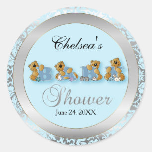 Blue & Silver Damask Teddy Bears Babydusche Runder Aufkleber