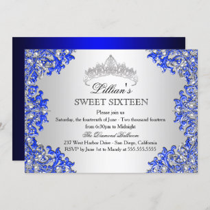 Blue Silver Damask Tiara Sweet 16 Einladung