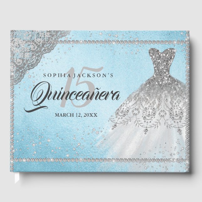 Blue Silver Diamond Sparkle Gown Quinceanera Gästebuch (Vorderseite)