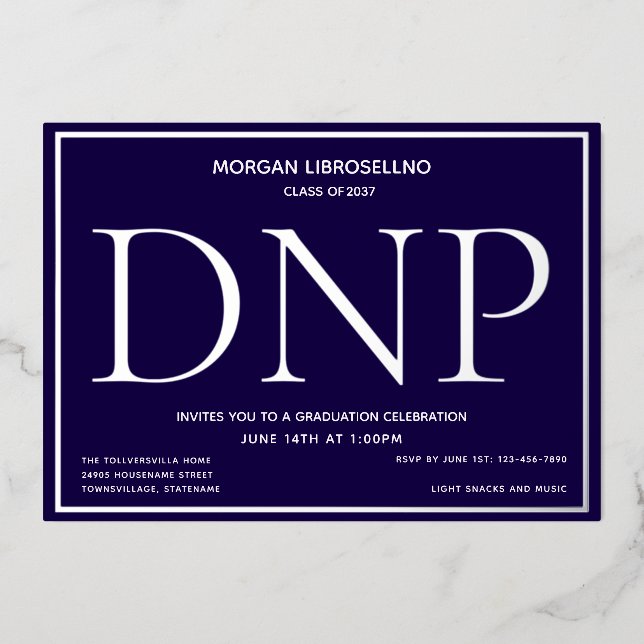 Blue Silver DNP Abschluss Folieneinladung (Vorderseite)