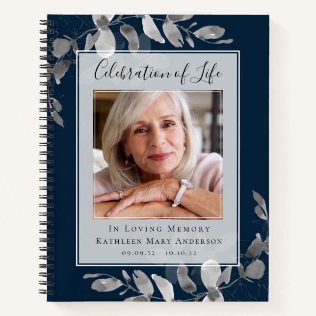 Blue Silver Eucalyptus Funeral Gästebuch Notizbuch (Vorderseite)