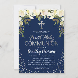 Blue Silver Floral Boy First Heilige Kommune Einladung