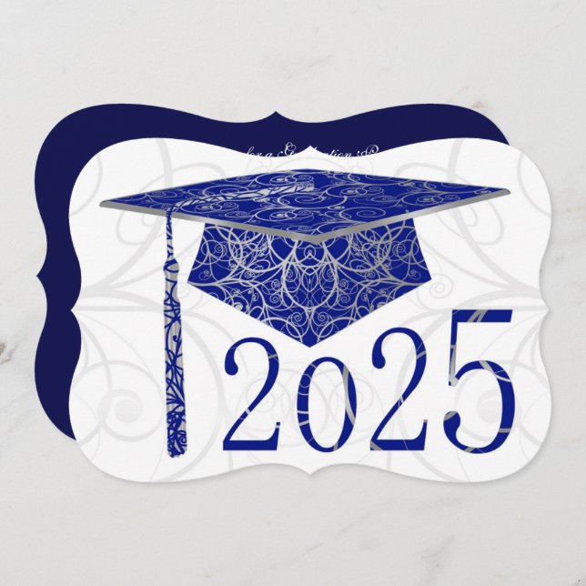 Blue & Silver Floral Cap 2025 Graduation Party Einladung (Vorne/Hinten)