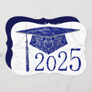 Blue & Silver Floral Cap 2025 Graduation Party Einladung