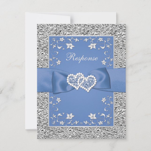 Blue Silver Floral Hearts IMITATS Foil Wedding RSV RSVP Karte (Vorderseite)