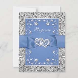 Blue Silver Floral Hearts IMITATS Foil Wedding RSV RSVP Karte