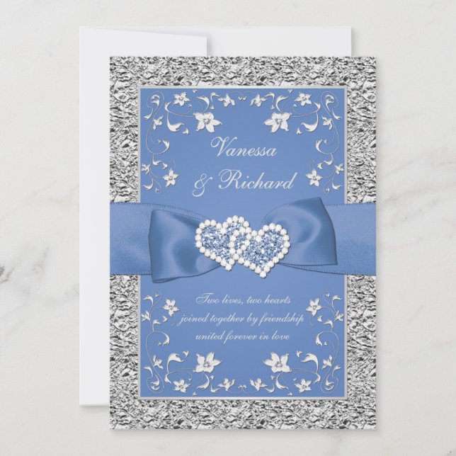 Blue Silver Floral Hearts IMITATS Hochzeitsreise Einladung (Vorderseite)