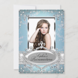 Blue Silver Floral Vintager Glamour Quinceanera Einladung