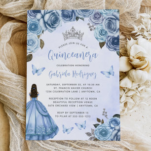 Blue Silver Floral Watercolor Quinceañera Einladung
