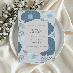 Blue Silver Floral Winter Baby Dusche Elegant Boho Einladung