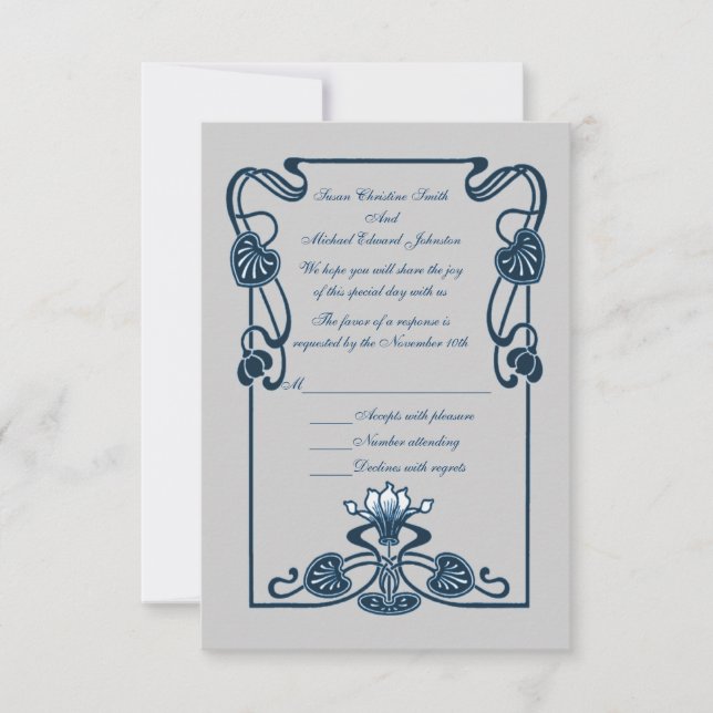 Blue Silver Floral Wirbel Hochzeit RSVP Karte (Vorderseite)
