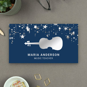Blue Silver Foil Violin Music Teacher Violinist Visitenkarte