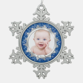 Blue Silver Foto Baby's First Christmas (Xmas) Schneeflocken Zinn-Ornament