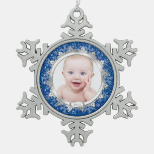 Blue Silver Foto Baby's First Christmas (Xmas) Schneeflocken Zinn-Ornament