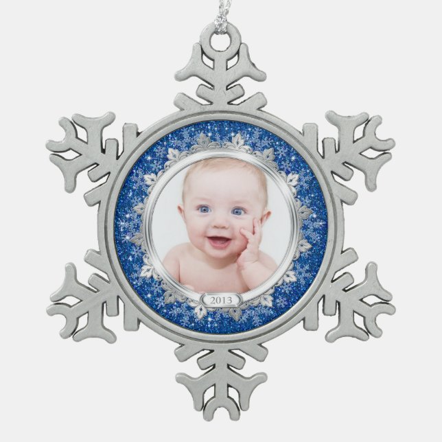Blue Silver Foto Baby's First Christmas (Xmas) Schneeflocken Zinn-Ornament (Vorderseite)